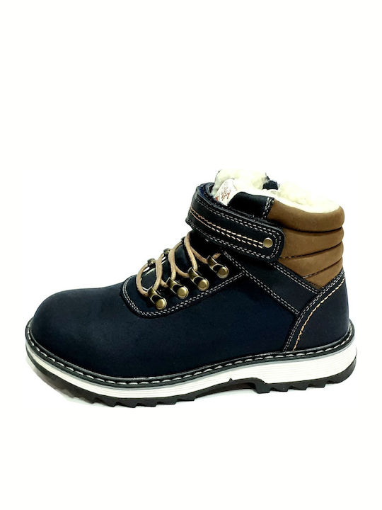 Leather Kids Boots with Velcro Navy Blue