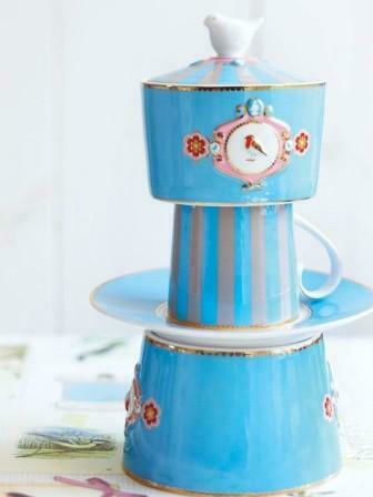 PiP Studio Love Birds Medallion Stripes Becher aus Porzellan Blue-Khaki 250ml
