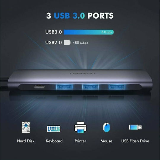 Ugreen CM136 USB-C Docking Station με HDMI 4K PD Ασημί