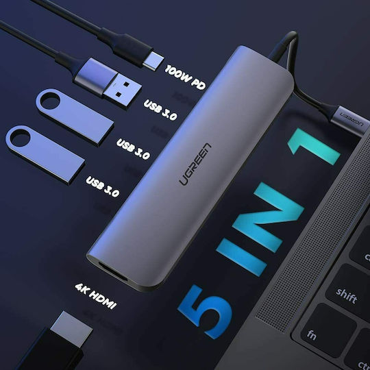 Ugreen CM136 USB-C Docking Station με HDMI 4K PD Ασημί