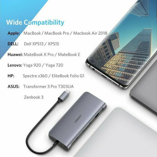 Ugreen USB-C Docking Station with 4K PD Ethernet and Support for 2 Monitors Gray (40873)