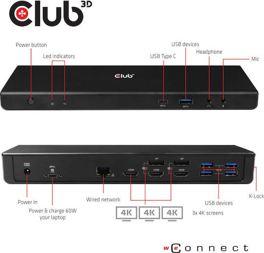 Club3D USB-C Docking Station με HDMI/DisplayPort 4K PD Ethernet και συνδεση 3 Οθονών Μαύρο (CSV-1562)