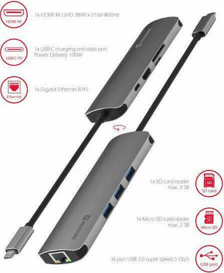 Swissten USB-C Докинг станция с HDMI 4K PD Етърнет Сив (44040103)