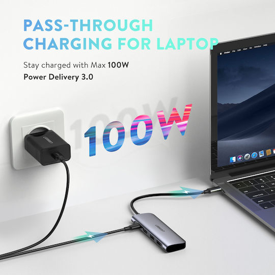Ugreen CM195 USB-C Докинг станция с HDMI 4K PD Сив