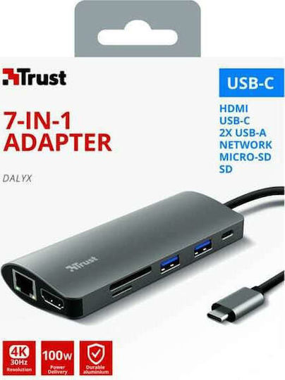 Trust Dalyx 7-in-1 USB-C Docking Station mit HDMI 4K PD Ethernet Silber