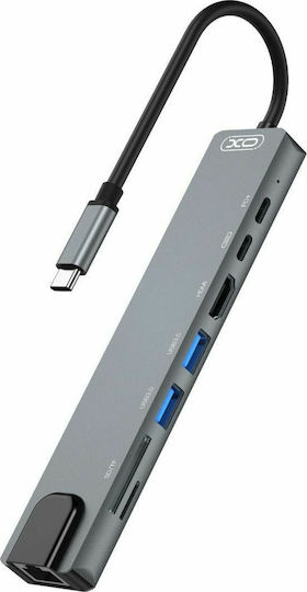 XO HUB003 USB-C Докинг станция с HDMI 4K PD Етърнет Сив