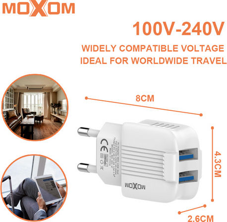 Moxom Charger Without Cable with 2 USB-A Ports Whites (KH-47)