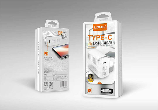Ldnio Charger with USB-C Port and Cable USB-C 18W Power Delivery Whites (A1302Q-C)