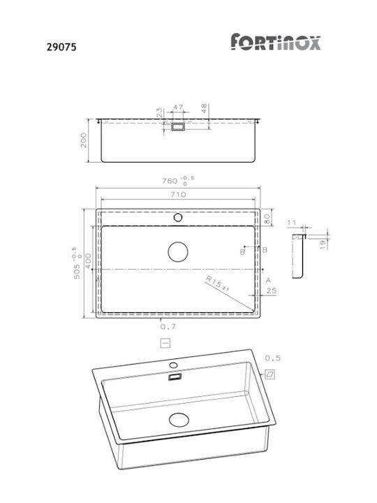 Fortinox Squadro 29075 Ένθετος Νεροχύτης Inox Σατινέ Μ76xΠ50.5cm Ασημί