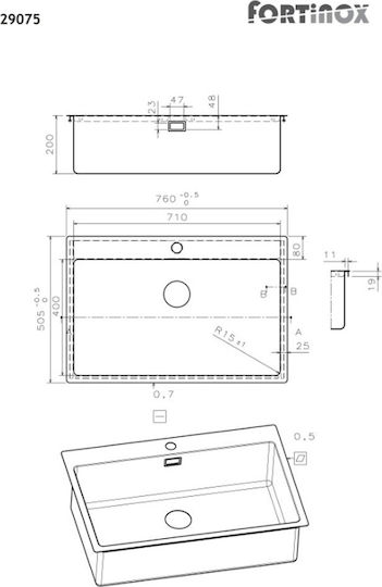 Fortinox Squadro 29075 Ένθετος Νεροχύτης Inox Σατινέ Μ76xΠ50.5cm Ασημί