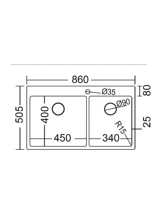 Fortinox Squadro 29285 Ένθετος Νεροχύτης Αριστερός Inox Σατινέ Μ86xΠ50.5cm Ασημί