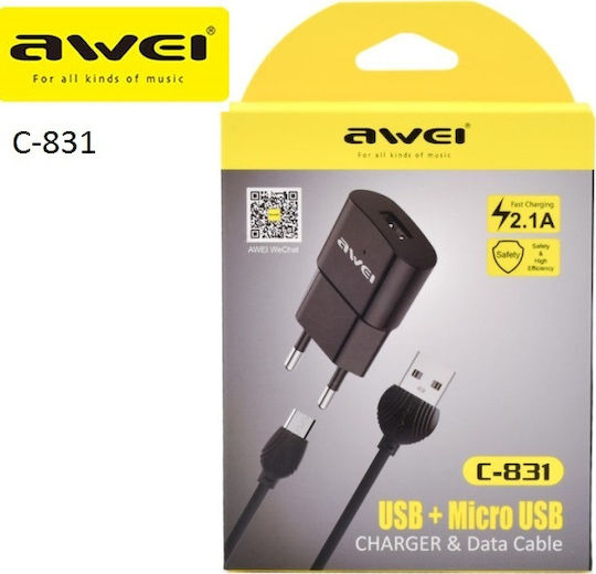 Awei Ladegerät mit USB-A Anschluss und Kabel Micro-USB Schwarzs (C-831)