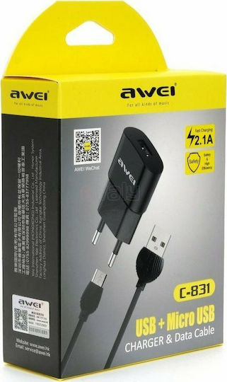 Awei Ladegerät mit USB-A Anschluss und Kabel Micro-USB Schwarzs (C-831)