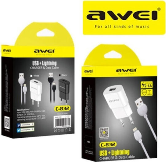 Awei Charger with USB-A Port and Cable Lightning Whites (C-832)