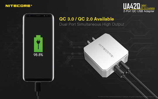 NiteCore Charger Without Cable with 2 USB-A Ports Quick Charge 3.0 Whites (UA42Q)