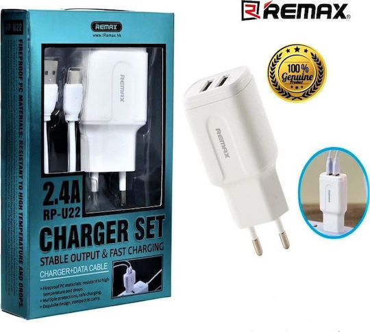 Remax Φορτιστής με 2 Θύρες USB-A και Καλώδιο USB-C Λευκός (RP-U22)