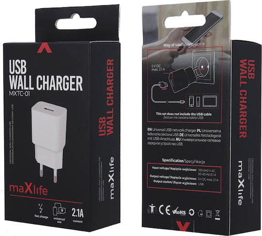 Maxlife Charger Without Cable with USB-A Port Whites (MXTC-01)