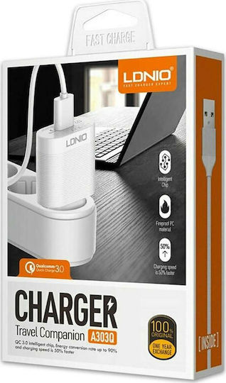 Ldnio Φορτιστής με Θύρα USB-A και Καλώδιο USB-C 18W Quick Charge 3.0 Λευκός (A303Q)