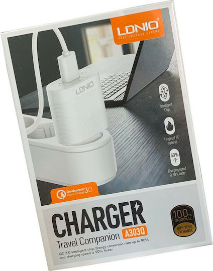 Ldnio Φορτιστής με Θύρα USB-A και Καλώδιο USB-C 18W Quick Charge 3.0 Λευκός (A303Q)