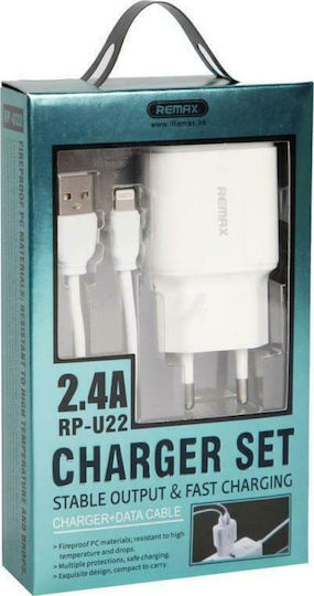 Remax Φορτιστής με 2 Θύρες USB-A και Καλώδιο Lightning Λευκός (RP-U22)