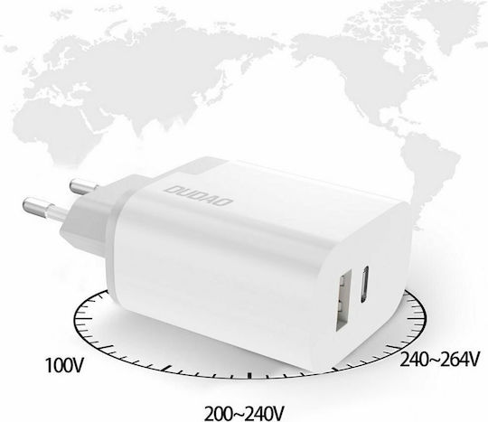 Dudao Charger Without Cable with USB-A Port and USB-C Port 22.5W Quick Charge 3.0 Whites (A6XSEU)