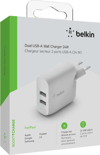 Belkin Φορτιστής Χωρίς Καλώδιο με 2 Θύρες USB-A 24W Λευκός (Boost Charge)