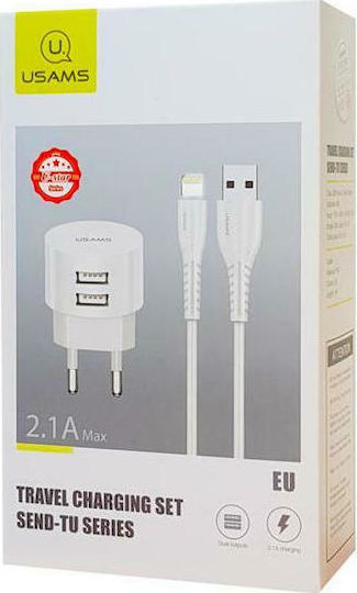Usams Charger with 2 USB-A Ports and Cable Lightning Whites (T20)