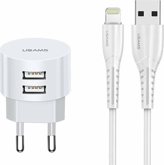 Usams Charger with 2 USB-A Ports and Cable Lightning Whites (T20)