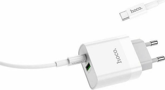 Hoco Φορτιστής με Θύρα USB-A και Θύρα USB-C και Καλώδιο USB-C - USB-C 18W Quick Charge 3.0 / Power Delivery Λευκός (C80A Rapido)