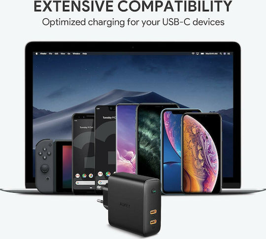 Aukey Φορτιστής Χωρίς Καλώδιο με 2 Θύρες USB-C 65W Power Delivery Μαύρος (PA-B4)