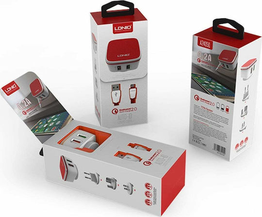 Ldnio Φορτιστής με 2 Θύρες USB-A και Καλώδιο micro USB Quick Charge 3.0 Πορτοκαλί (A2405Q)