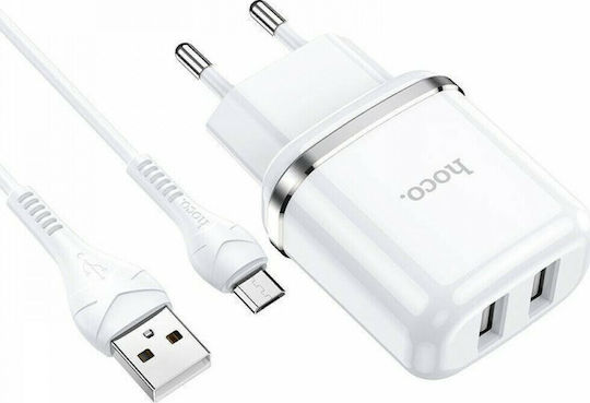 Hoco Ladegerät mit 2 USB-A Anschlüsse und Kabel Micro-USB Weißs (N4 Aspiring)