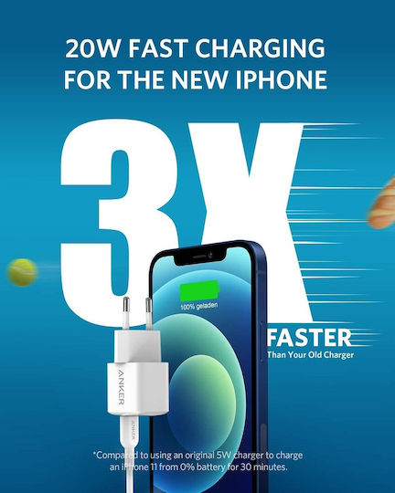 Anker Φορτιστής Χωρίς Καλώδιο με Θύρα USB-C 20W Power Delivery Λευκός (PowerPort III Nano)