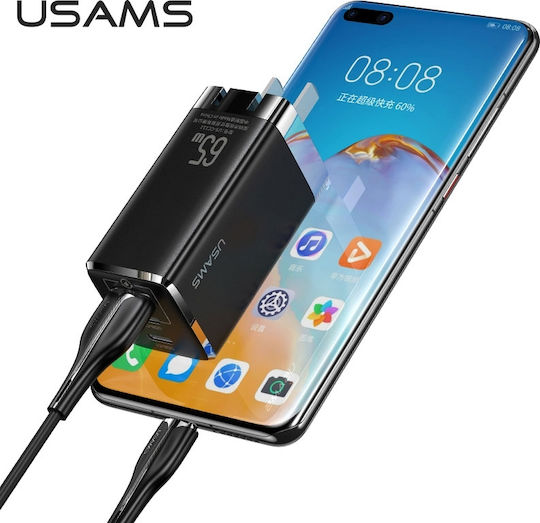 Usams GaN Charger With USB-A Port And 2 USB-C Ports And USB-C Cable 65W Power Delivery Quick Charge 3.0 Black (MTXLOGTC01)