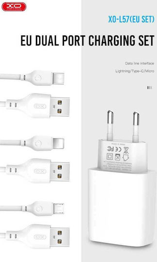 XO Ladegerät mit 2 USB-A Anschlüsse und Kabel Blitzschlag Weißs (L57)