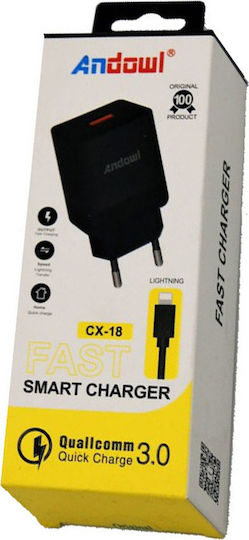 Andowl Încărcător cu Port USB-A și Cablu Lightning Negruς (CX-18)