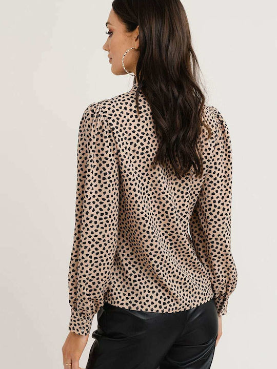 Rut & Circle Women's Blouse Long Sleeve Animal Print Beige