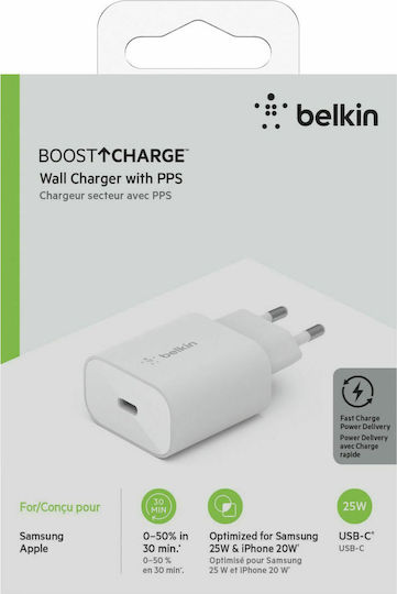 Belkin Φορτιστής Χωρίς Καλώδιο με Θύρα USB-C 25W Power Delivery Λευκός (WCA004vfWH)