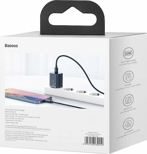 Baseus Charger Without Cable with USB-C Port 20W Power Delivery Blue (Super Si)