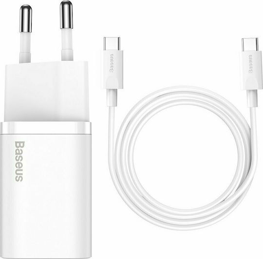 Baseus Φορτιστής με Θύρα USB-C και Καλώδιο USB-C - USB-C 25W Λευκός (Super Si)