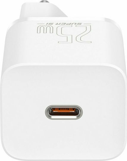Baseus Φορτιστής με Θύρα USB-C και Καλώδιο USB-C - USB-C 25W Λευκός (Super Si)