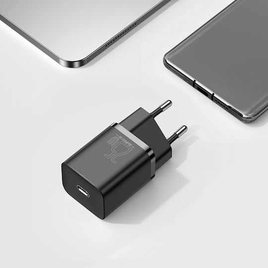 Baseus Φορτιστής με Θύρα USB-C και Καλώδιο USB-C - USB-C 25W Μαύρος (Super Si)
