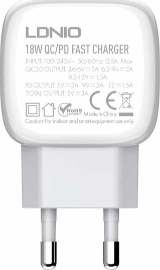 Ldnio Φορτιστής με Θύρα USB-A και Θύρα USB-C και Καλώδιο USB-C - Lightning 18W Power Delivery / Quick Charge 3.0 Λευκός (A2313C)