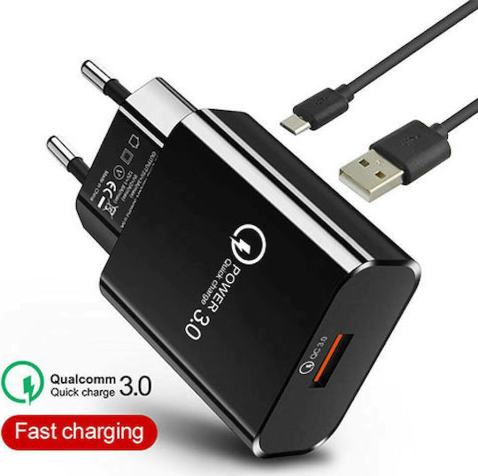 Lamtech Charger with USB-A Port and Cable micro USB 18W Quick Charge 3.0 Blacks (LAM021967)
