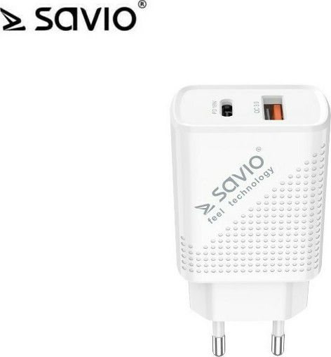 Savio Wireless Charger with USB-A and USB-C Ports 18W Power Delivery / Quick Charge 3.0 White