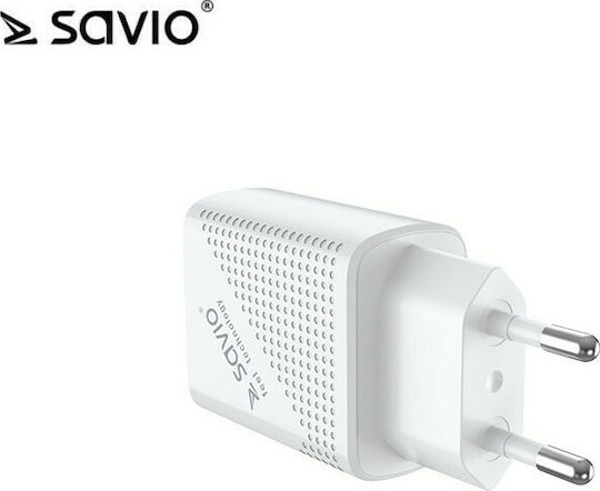 Savio Mobile Phone Charger with USB-A and USB-C Output Ports and USB-C Cable Power Delivery Quick Charge 3.0 White