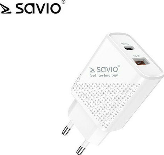 Savio Mobile Phone Charger with USB-A and USB-C Output Ports and USB-C Cable Power Delivery Quick Charge 3.0 White