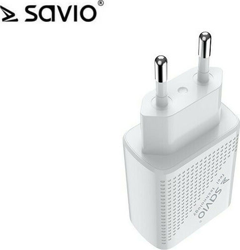 Savio Mobile Phone Charger with USB-A and USB-C Output Ports and USB-C Cable Power Delivery Quick Charge 3.0 White