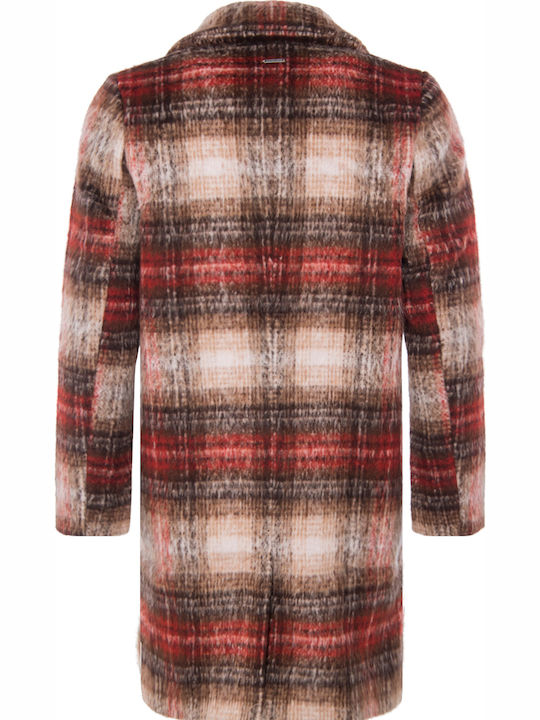 Women's Checked Brilliant Red Coat with Buttons
