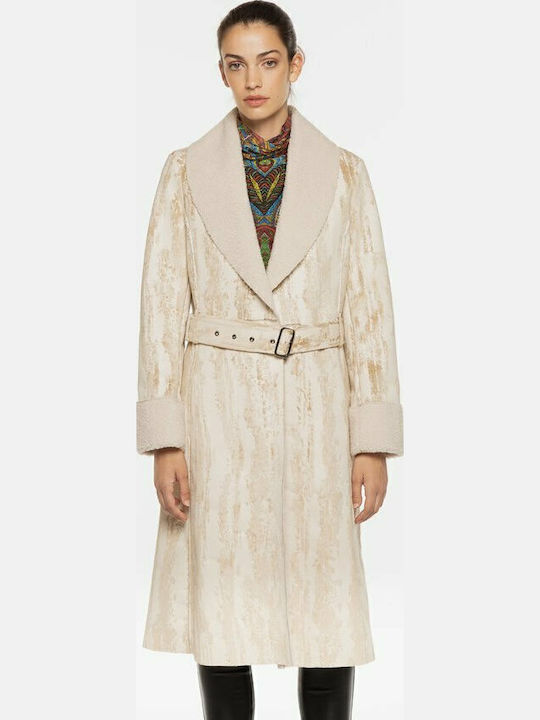 Abrig Marvelous Women's Beige Coat with Fur Details